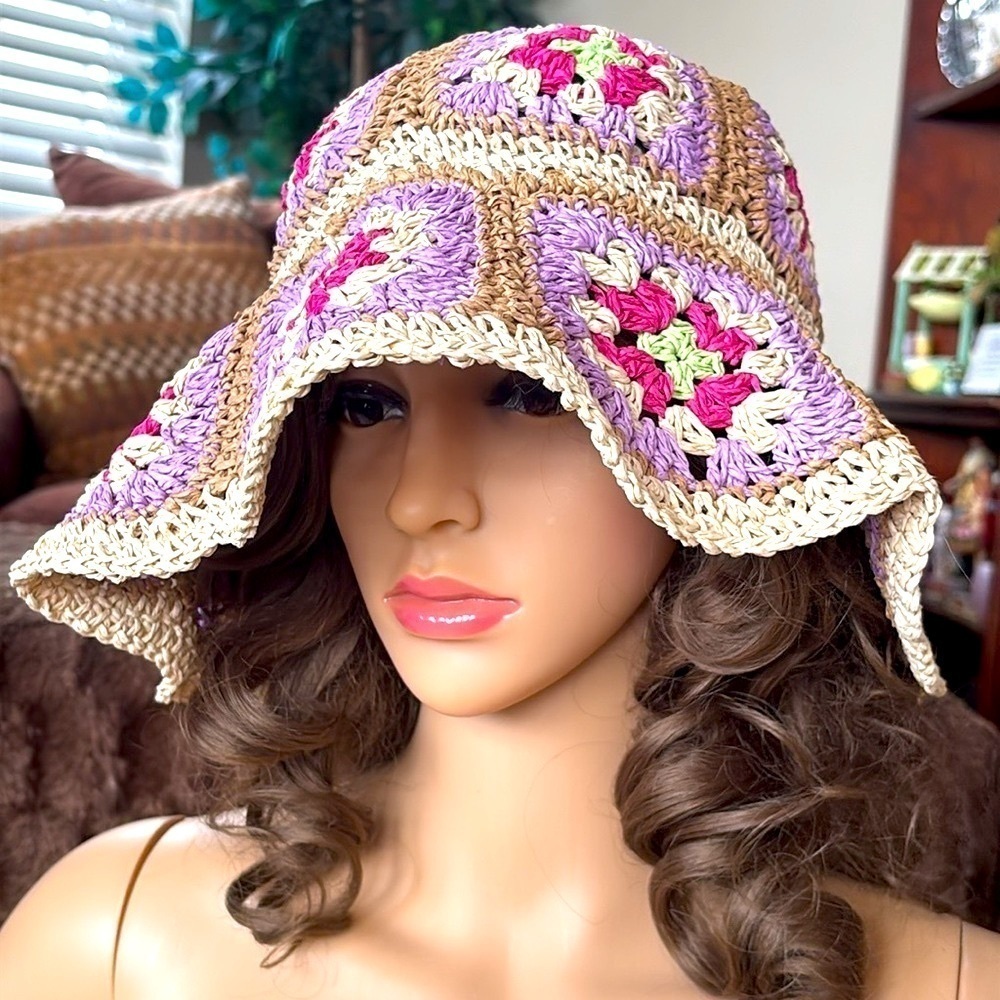 Brand New BCBGeneration Straw Woven Hat Crochet Patchwork Floral Floppy Beach - Picture 2 of 15